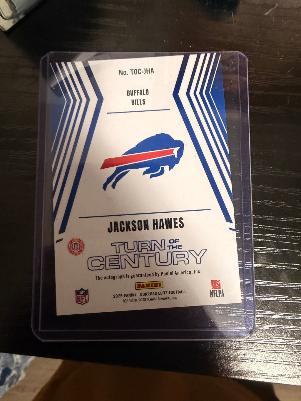 2025 Donruss Elite “Turn of the Century” Jackson Hawes RC Auto /75 – Buffalo Bills rookie on-card autograph.