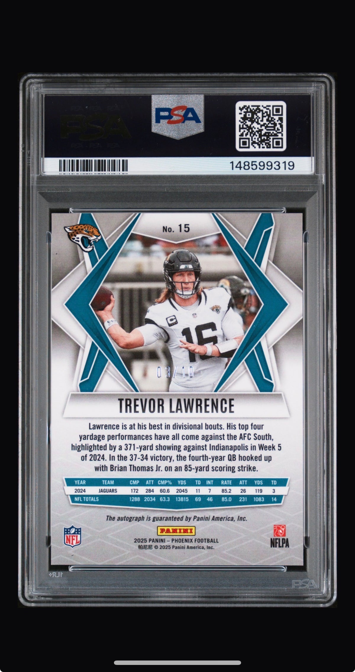 2025 Panini Phoenix Trevor Lawrence PSA 10 Auto /10 Gold