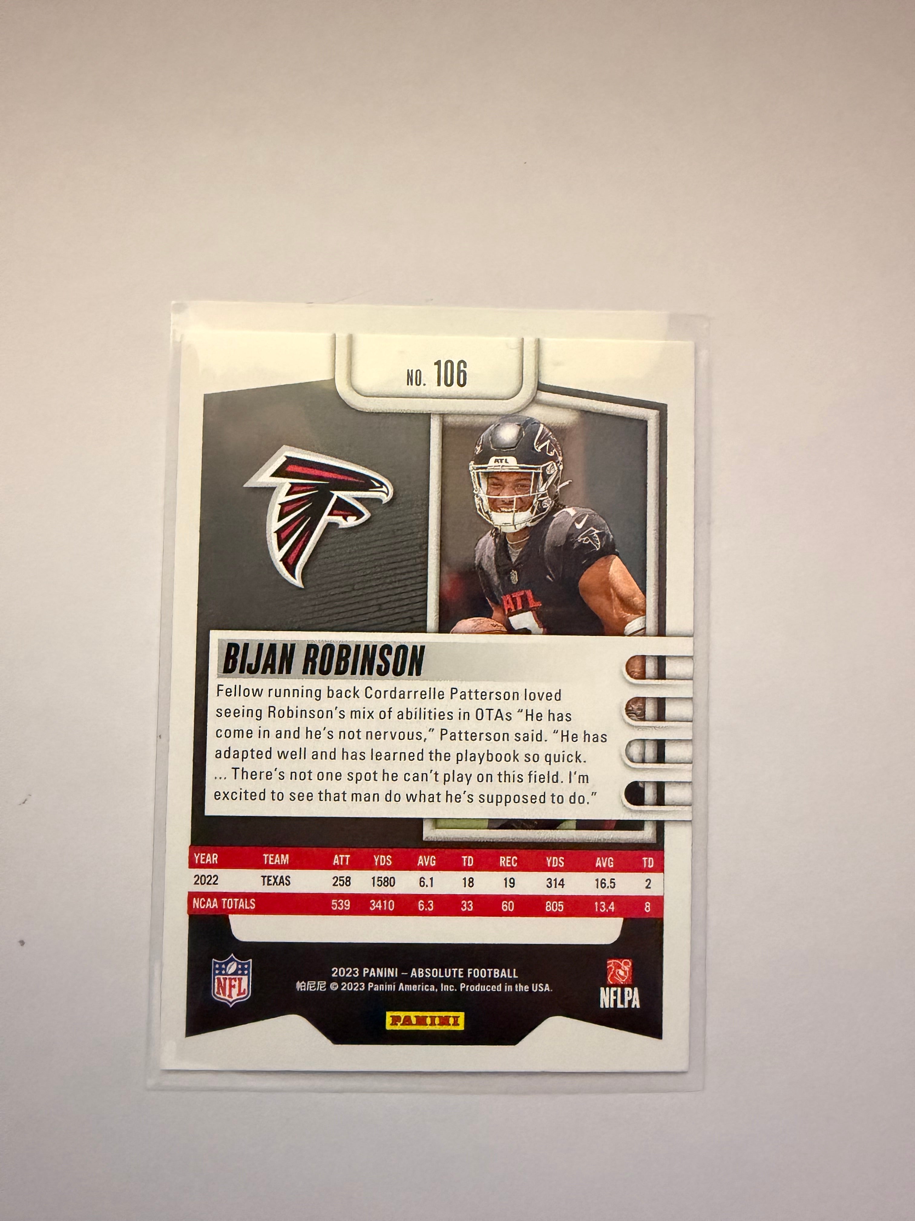 2023 Panini Absolute Bijan Robinson RC – Atlanta Falcons. Clean base rookie from Absolute.