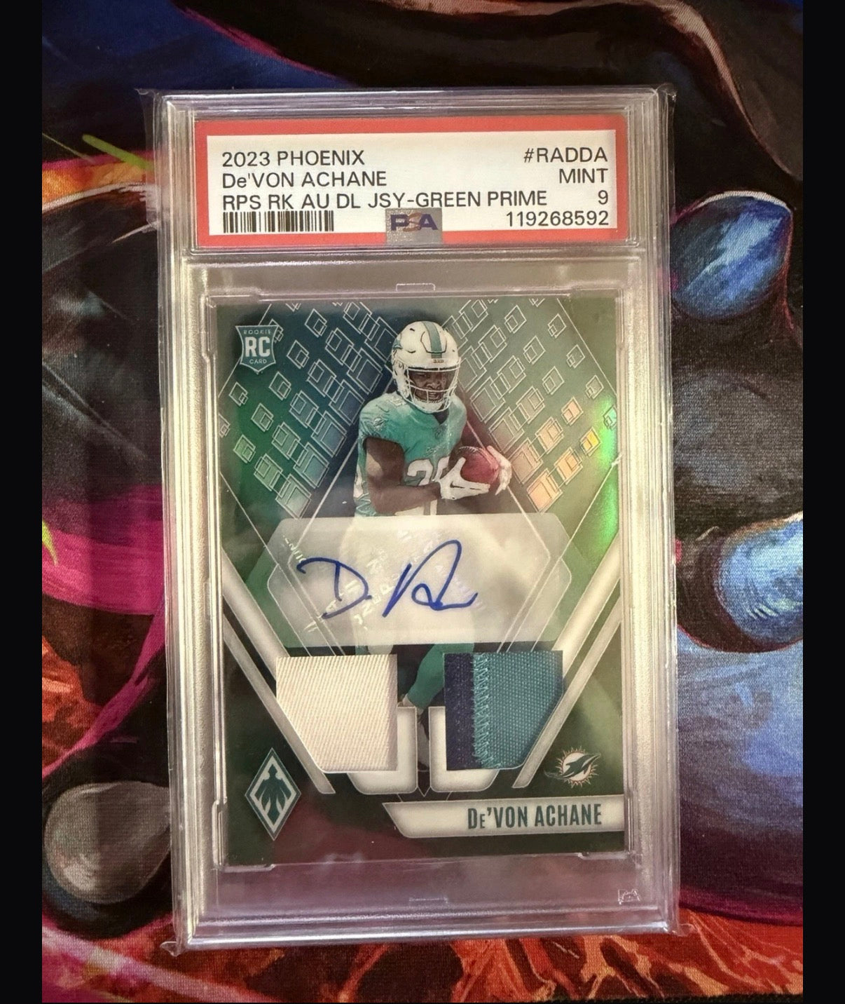Devon Achane RC 2023 Panini Phoenix RPA Dual Patch Auto /25 PSA 9 Green