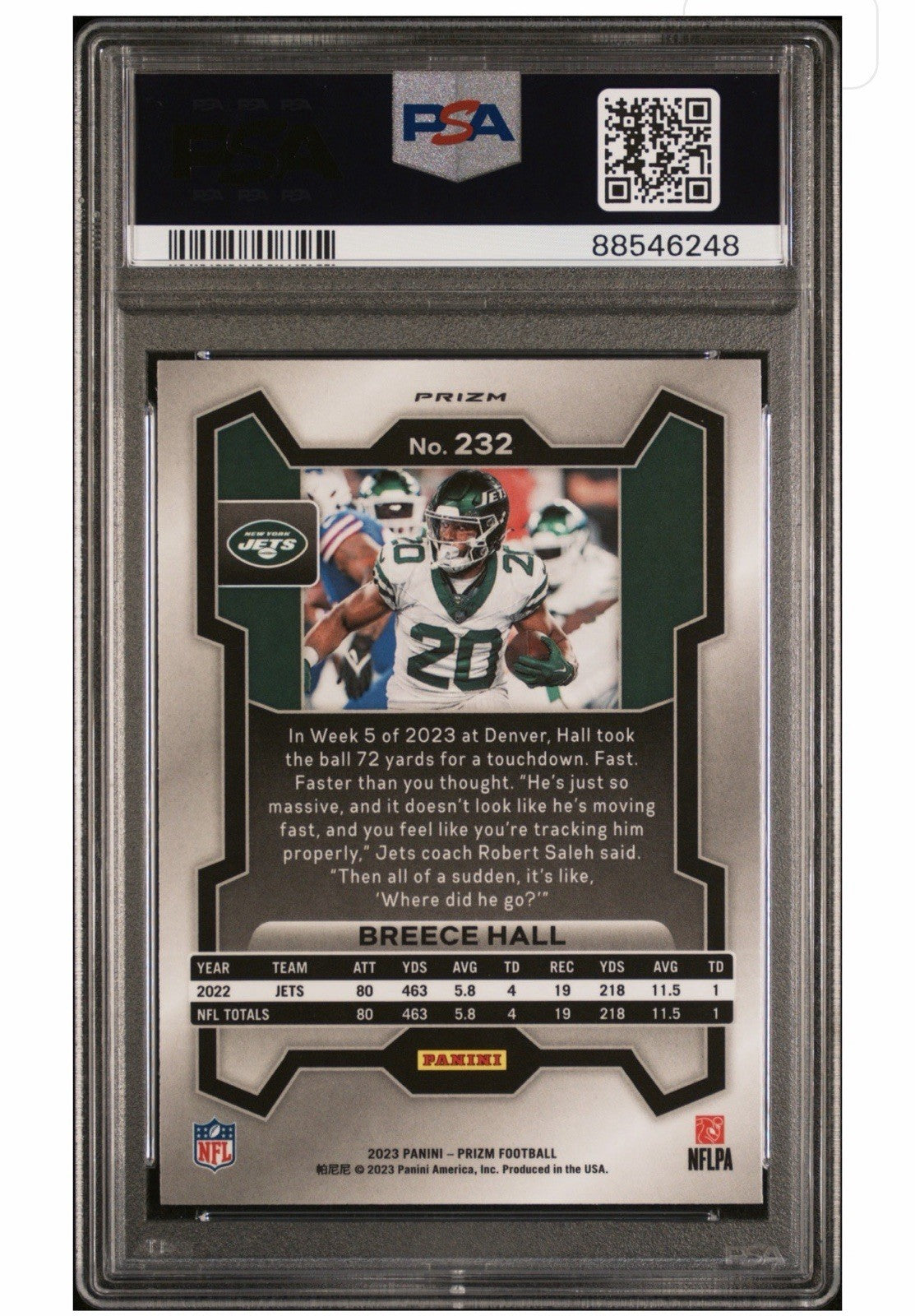 2023 Panini Prizm Breece Hall #317 White Sparkle PSA 10