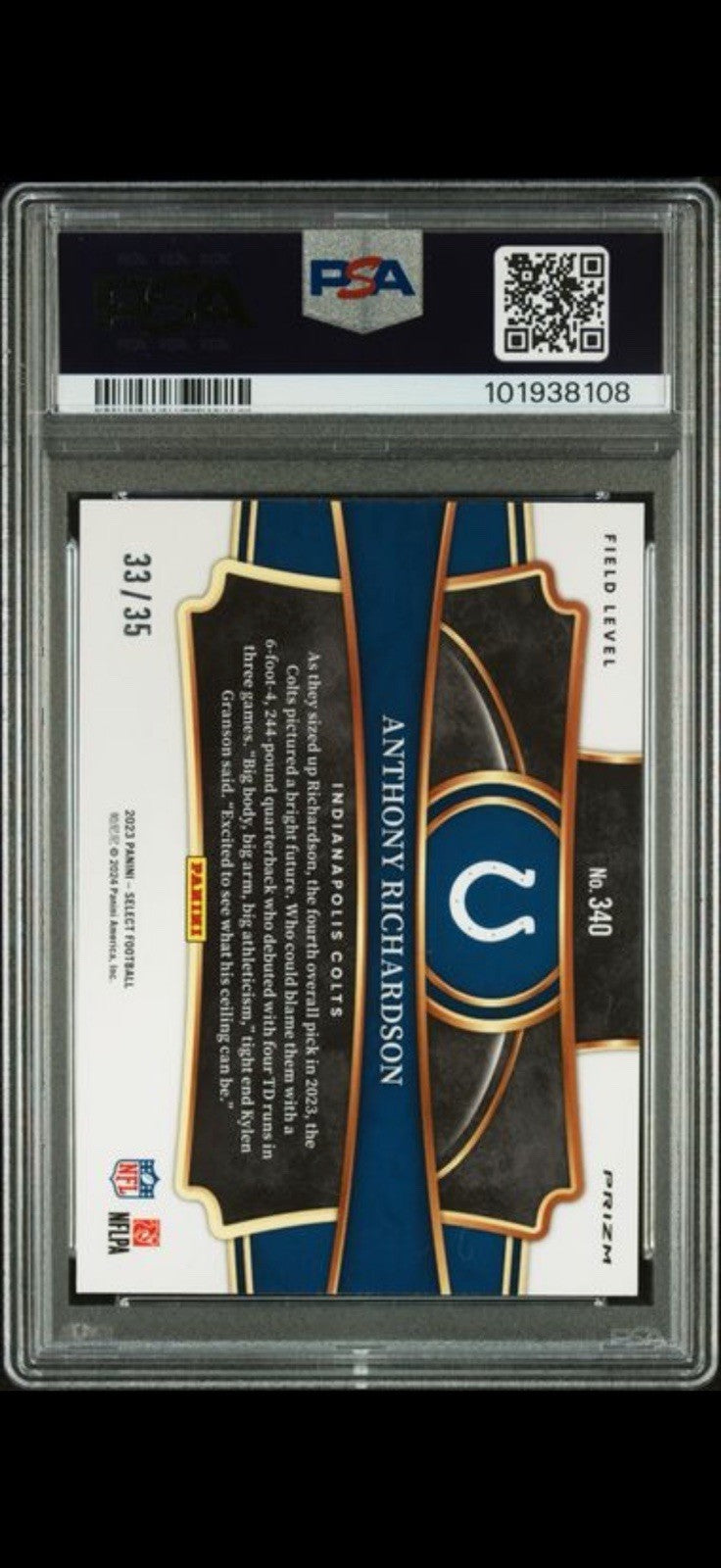 Anthony Richardson 2023 Panini Select #340 White Prizm /35 Rookie Card PSA 9